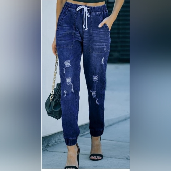 Women Pull-on Distressed Denim Joggers Elastic Waist Stretch Pants/ MEDIUM/NWOT - Picture 4 of 14
